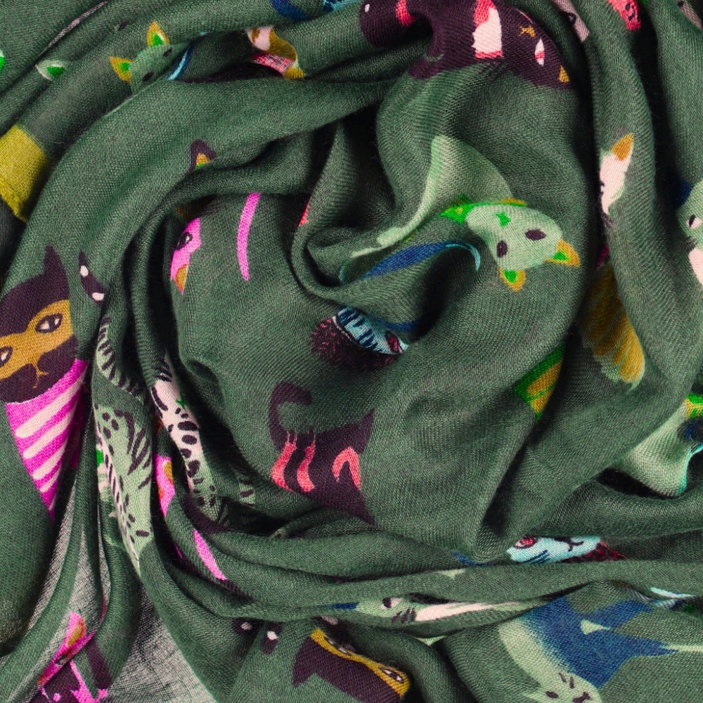 Dunne groene halsdoek met kattenprint – Nikko (2)