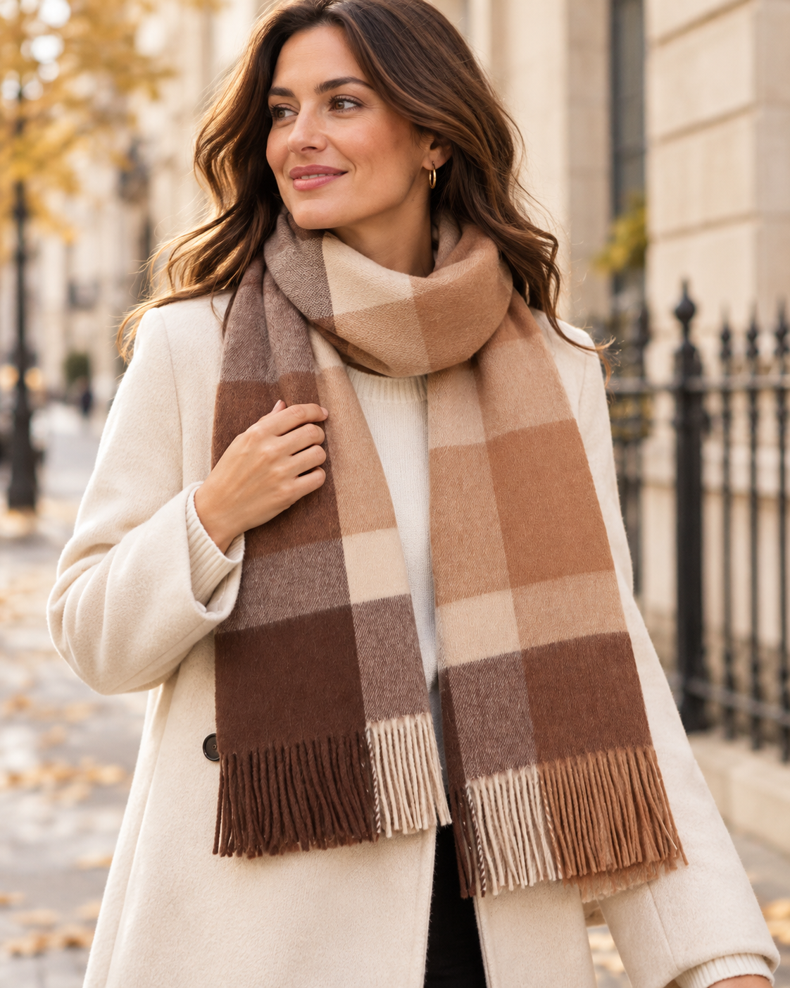 Sjaal met grote ruiten van 100% wol in het bruin en beige – York (5)