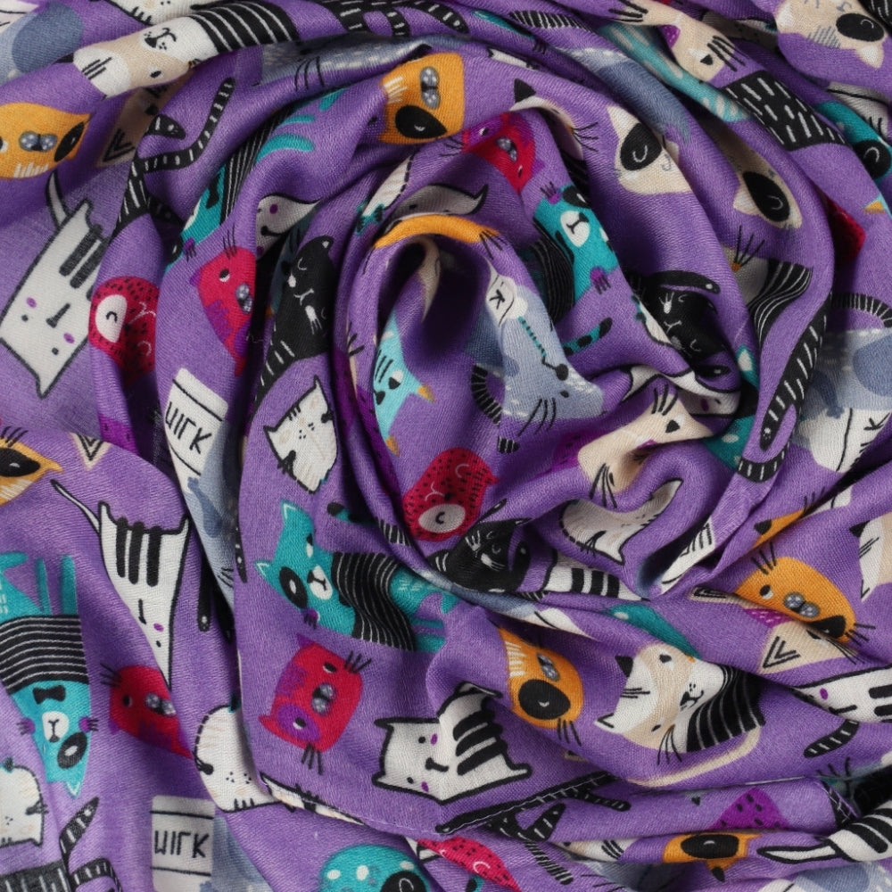 Paarse schouderdoek met kattenprint – Nikko (2)