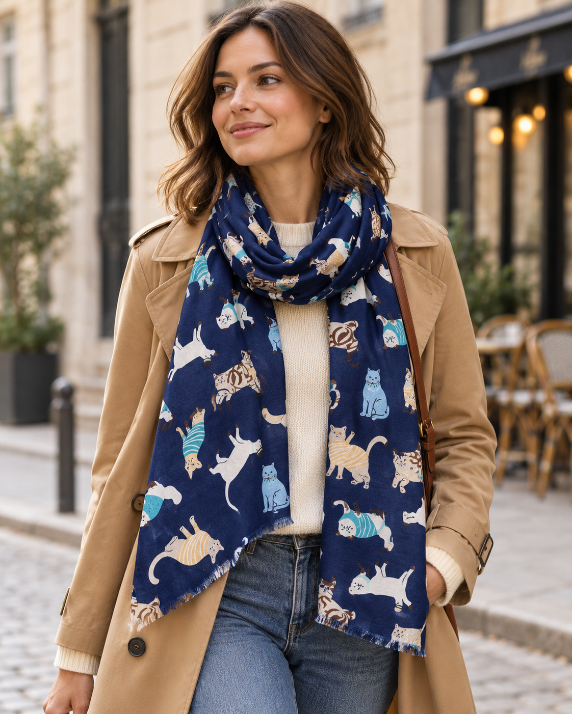 Marineblauwe halsdoek met kattenprint – Nikko (5)