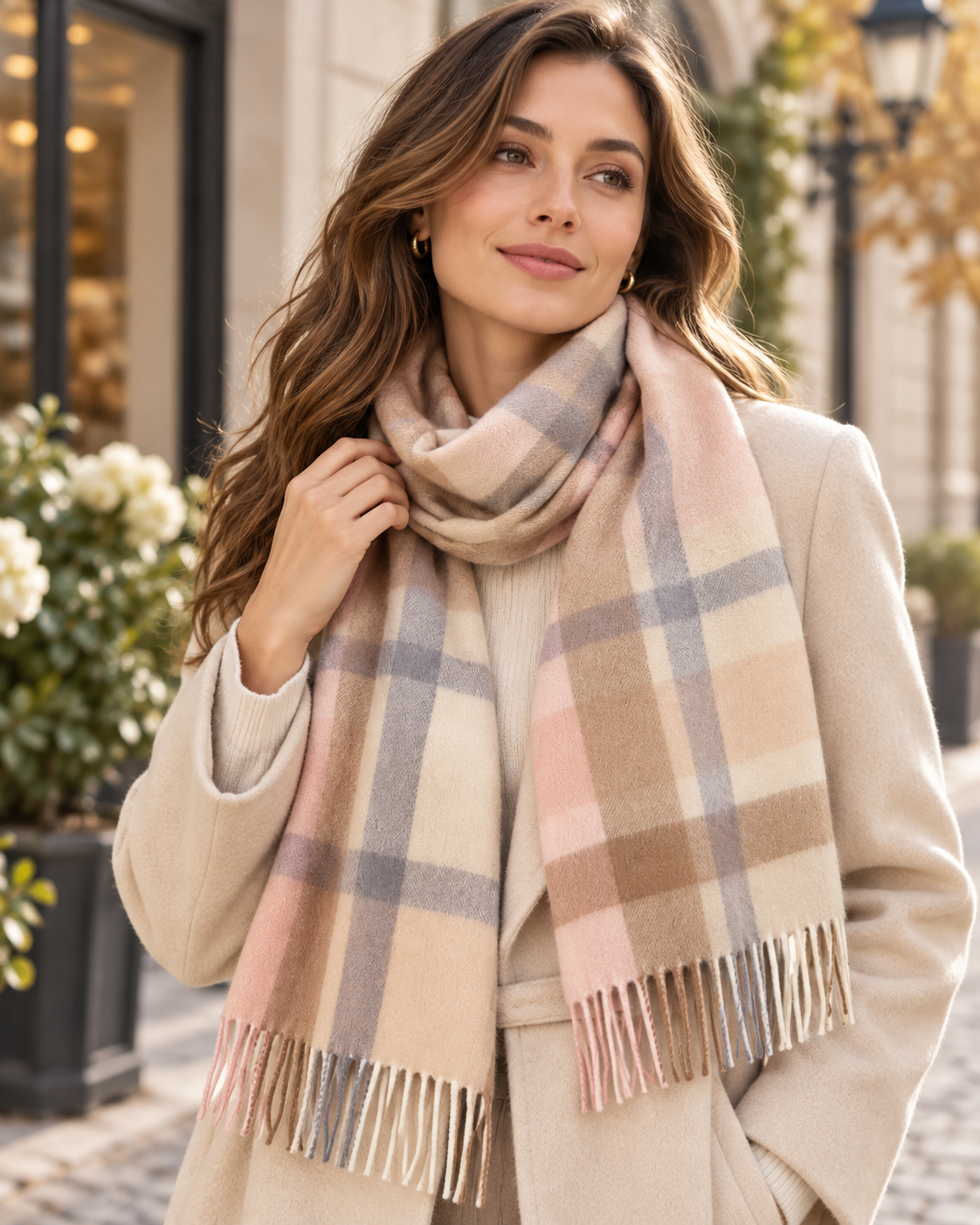 Geruite sjaal van 100% wol in het beige – Londen (5)