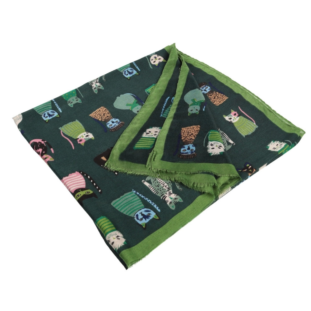Dunne groene halsdoek met kattenprint – Nikko (1)