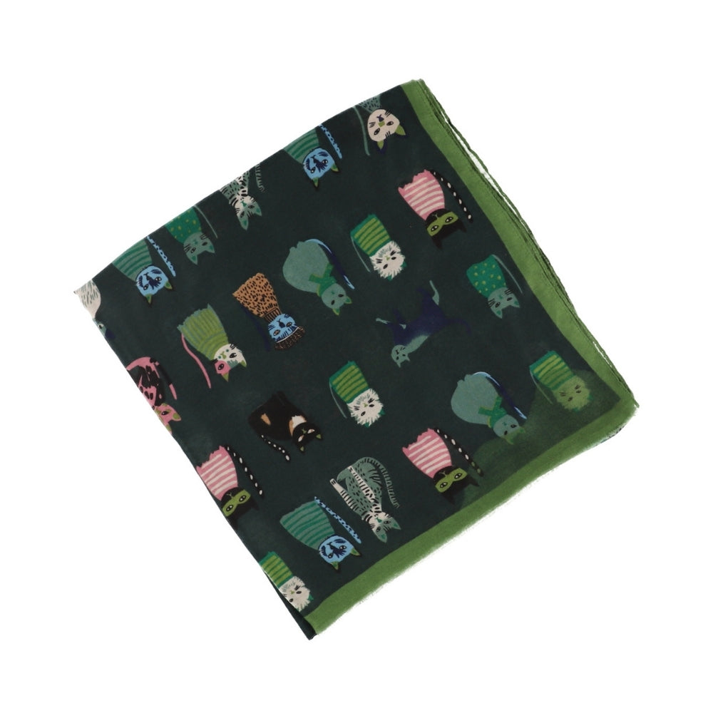 Dunne groene halsdoek met kattenprint – Nikko (6)