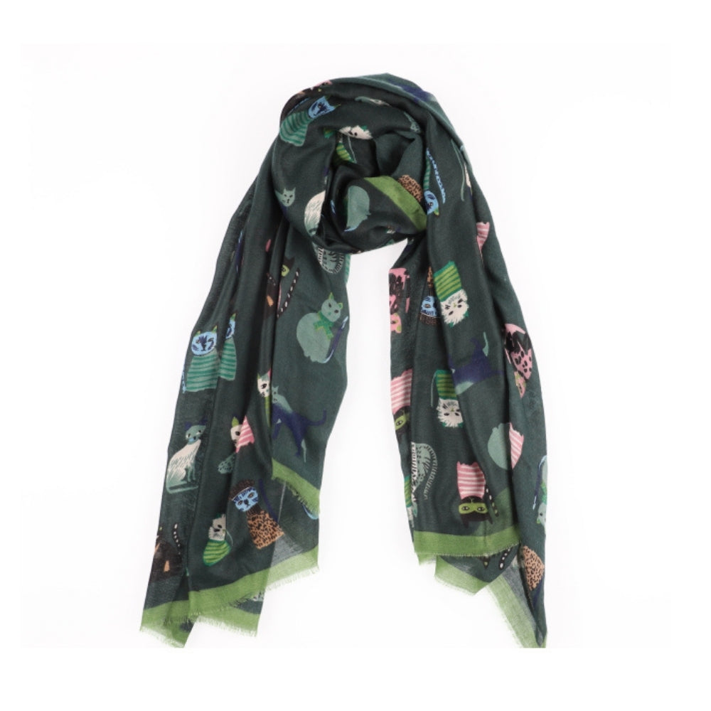 Dunne groene halsdoek met kattenprint – Nikko (4)