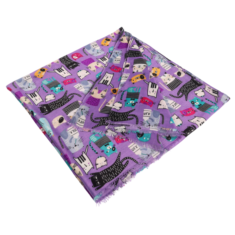 Paarse schouderdoek met kattenprint – Nikko (1)