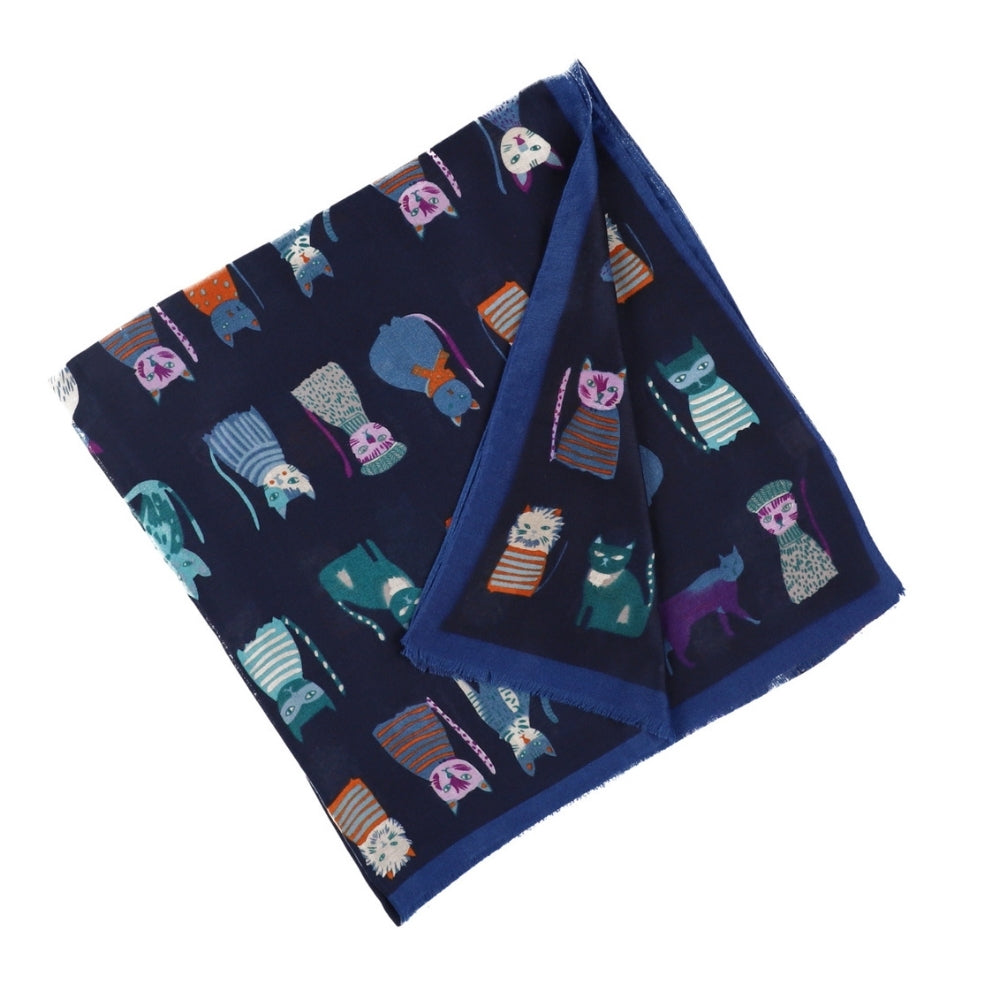 Zachte lange blauwe sjaal met kattenprint – Nikko (4)