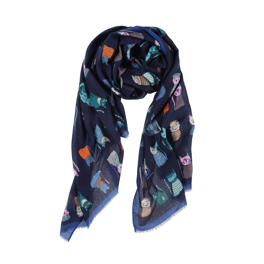 Zachte lange blauwe sjaal met kattenprint – Nikko (3)