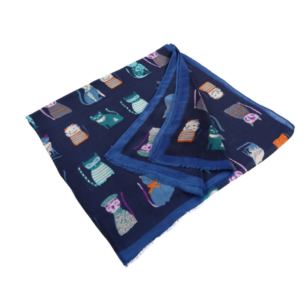 Zachte lange blauwe sjaal met kattenprint – Nikko (1)